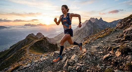 Professional high-speed action shot of a runner wearing Altra Lone Peak 10 shoes on a rugged, rocky mountain trail during sunrise.