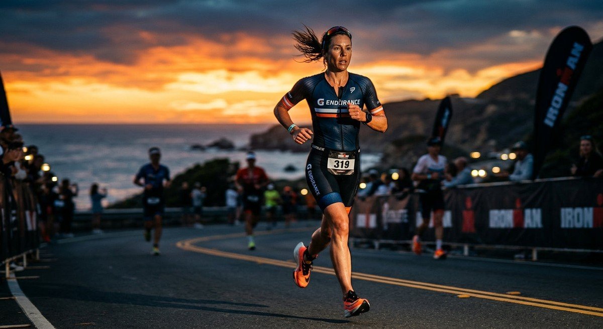 A professional triathlete in a blurred running motion during a sunset race, captured with cinematic lighting and deep contrast.