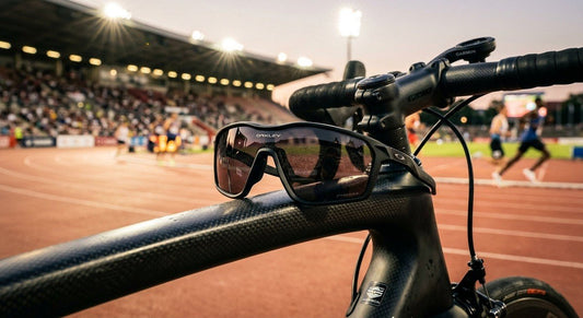 A close-up of the Oakley Neoforma sunglasses resting on a carbon fibre racing bike, featuring sharp focus on the lens texture and dramatic stadium lighting.