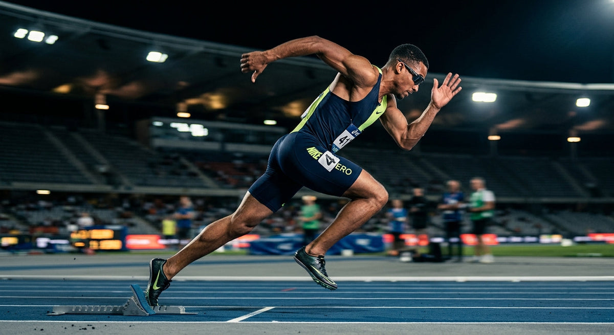High-speed photography of a professional sprinter wearing sleek performance eyewear in a darkened stadium with motion blur.