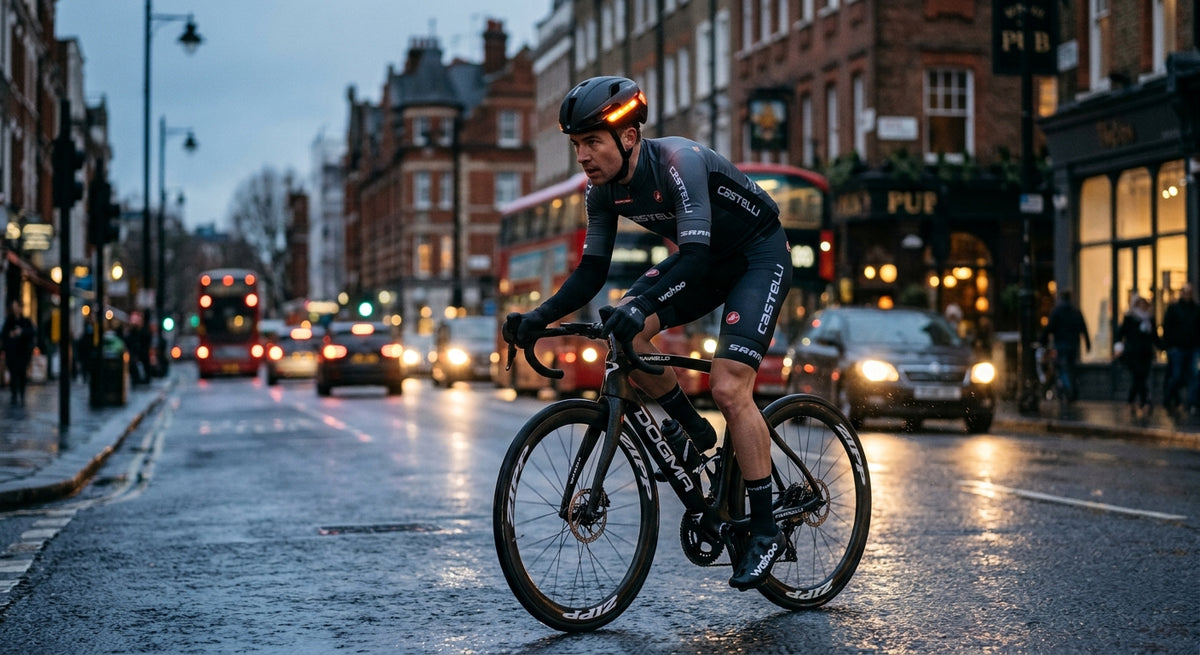 A professional cyclist wearing a sleek smart helmet with glowing rear LED turn signals during a moody twilight ride on a city street.
