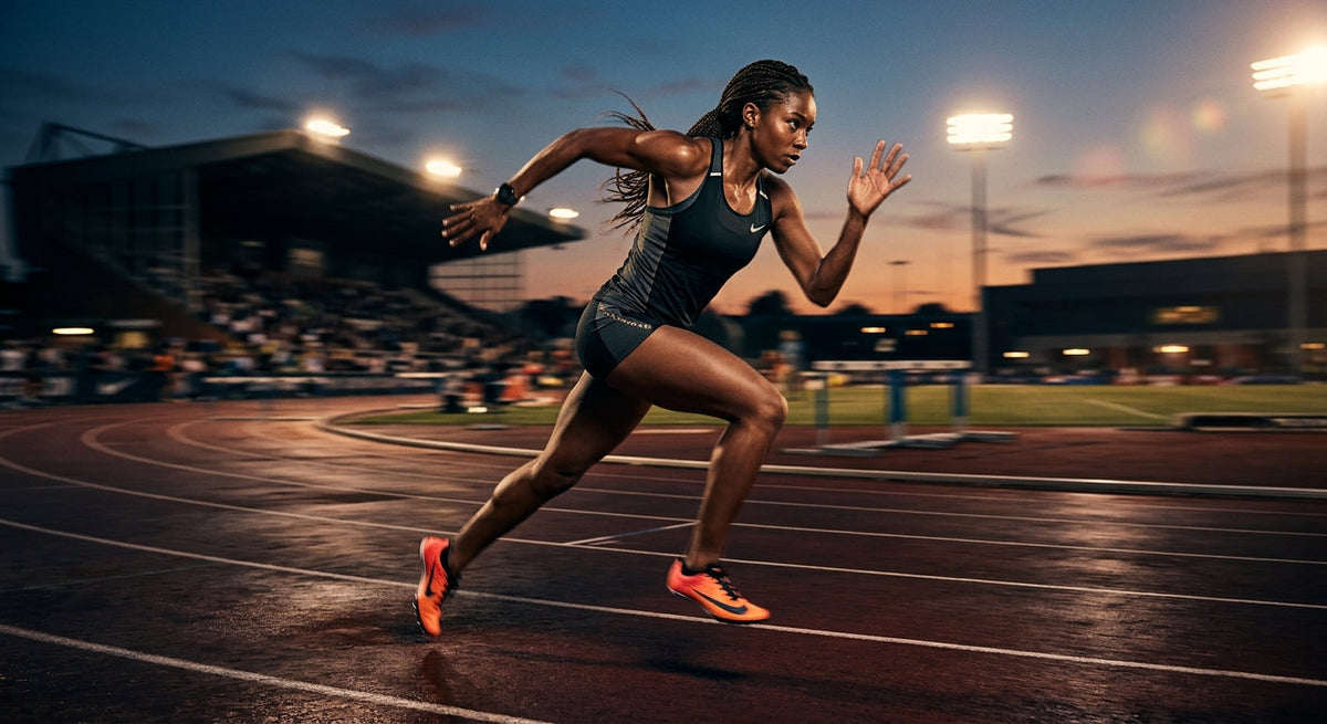 A professional athlete sprinting on a track at dusk, captured with high-speed motion blur and dramatic cinematic stadium lighting.
