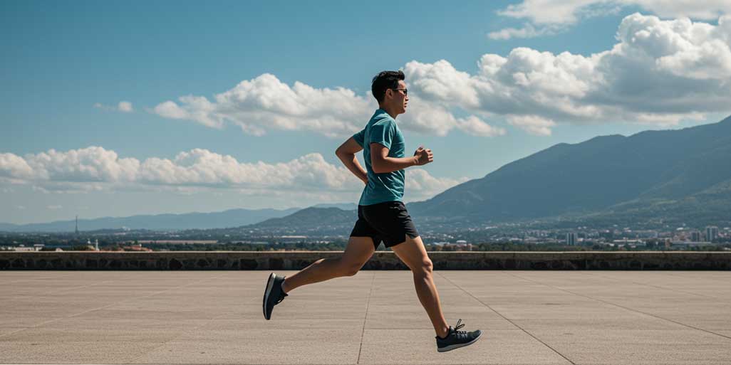 A full-length side view of a runner in professional athletic clothing demonstrating efficient running form on a paved path.