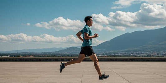 A full-length side view of a runner in professional athletic clothing demonstrating efficient running form on a paved path.