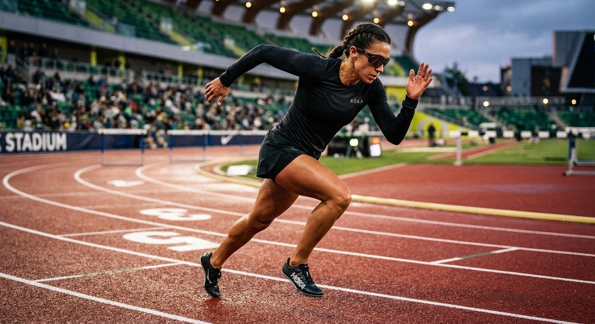 A professional athlete wearing sleek, high-performance ROKA Ion sunglasses during a high-speed sprint on a professional running track with cinematic lighting.