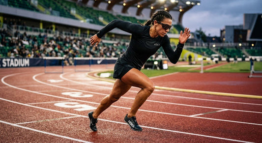 A professional athlete wearing sleek, high-performance ROKA Ion sunglasses during a high-speed sprint on a professional running track with cinematic lighting.