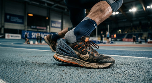 A close-up of a professional athlete's running shoe with a custom 3D-printed insole visible, captured with dramatic cinematic lighting.