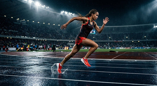 A professional, high-speed action shot of a runner wearing the Salomon S Lab Phantasm 3 on a dark, wet track under dramatic stadium lighting.
