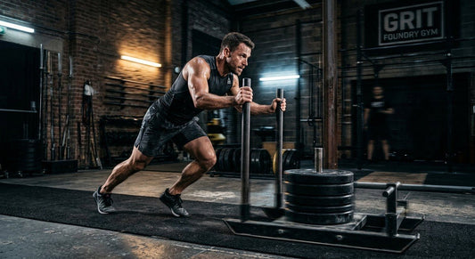 A hybrid athlete performing a heavy sled push in a dimly lit, industrial-style gym with cinematic lighting and motion blur.