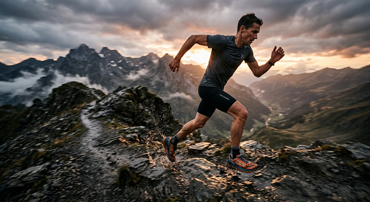 Professional action shot of the Altra Olympus 275 Hi-Lo sprinting across a wet, rocky mountain ridge with dramatic cinematic lighting and motion blur.