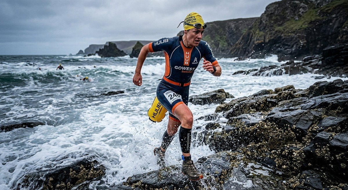 A professional Swim-Runner sprinting out of a cold, rocky ocean entry during a high-stakes endurance event.