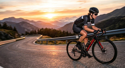 High-speed action shot of a cyclist wearing sleek black Bollé sunglasses on a blurred mountain road at sunset.