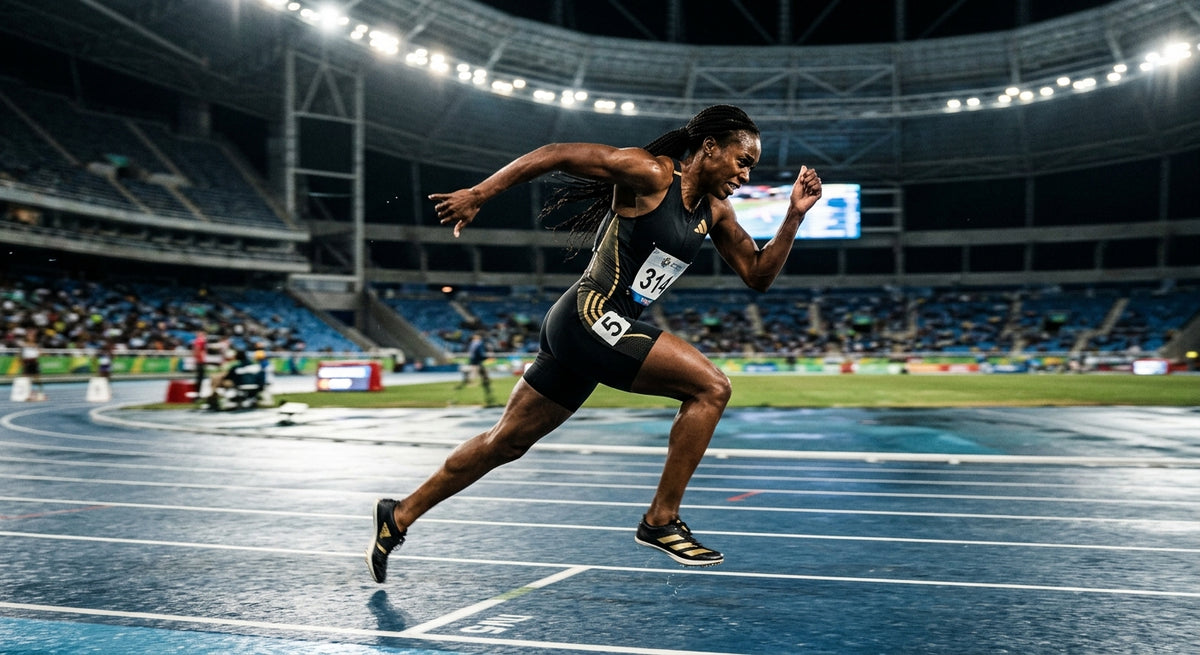A professional athlete sprinting on a synthetic track under dramatic stadium floodlights with motion blur.