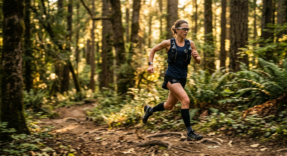A professional trail runner sprinting through a sun-drenched forest, wearing minimalist rimless sunglasses with sharp motion blur and cinematic lighting.