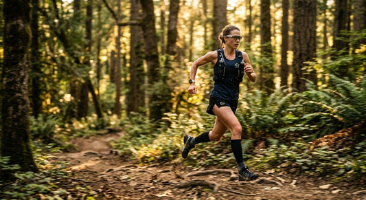 A professional trail runner sprinting through a sun-drenched forest, wearing minimalist rimless sunglasses with sharp motion blur and cinematic lighting.