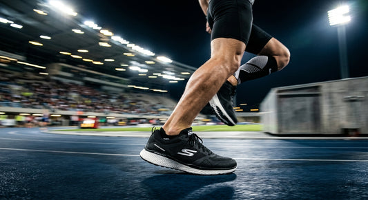 A sleek, professional side-profile shot of the Skechers Aero Burst featuring a dynamic motion blur background with sharp stadium lighting.