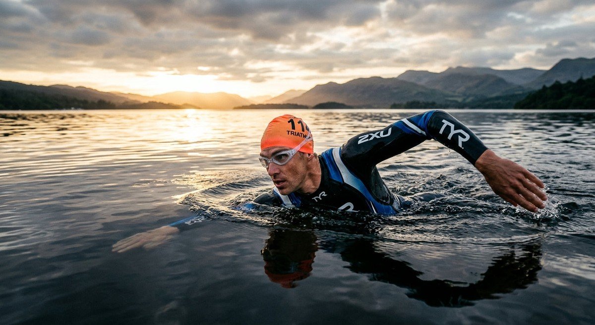 A professional triathlete performing an efficient sighting gaze in the middle of a calm, vast lake during a sunrise training session.
