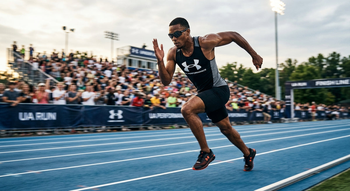 A professional athlete wearing the Under Armour UA Sportate Polarized sunglasses during a high-speed sprint on a synthetic running track with motion blur.