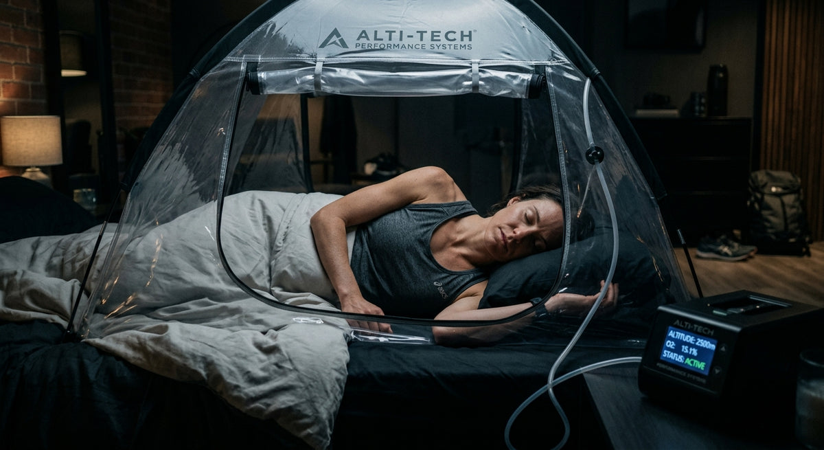 A professional athlete sleeping in a high-tech hypoxic tent with moody, cinematic lighting and sharp, realistic textures.