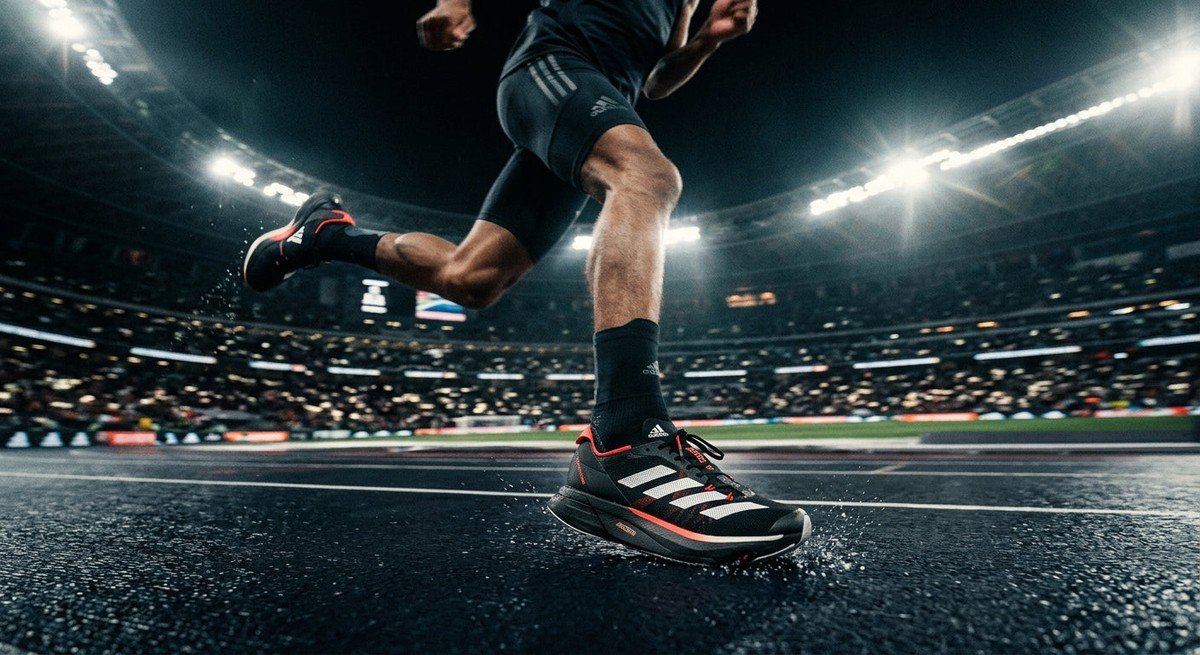 A sleek, futuristic Adidas racing shoe captured in motion blur against a dramatic, moody stadium track background.