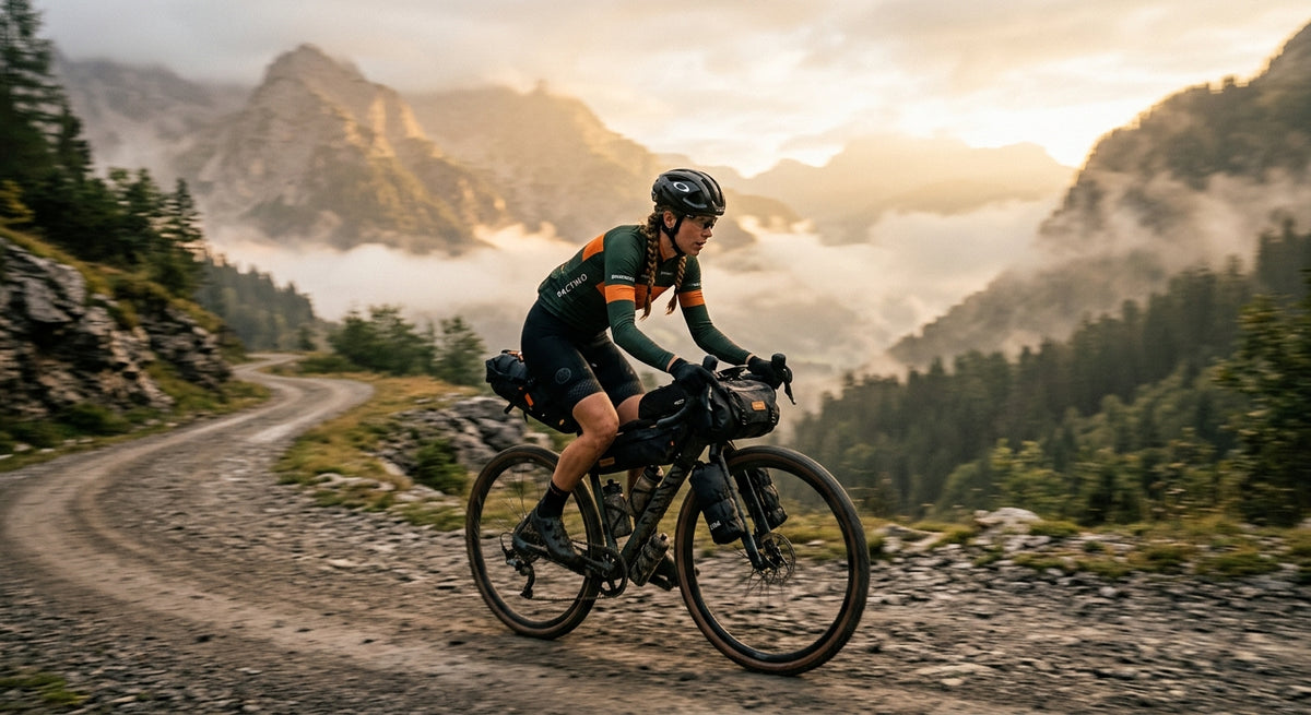 A professional cyclist riding a fully loaded gravel bike through a misty mountain pass during the golden hour, captured with cinematic motion blur.