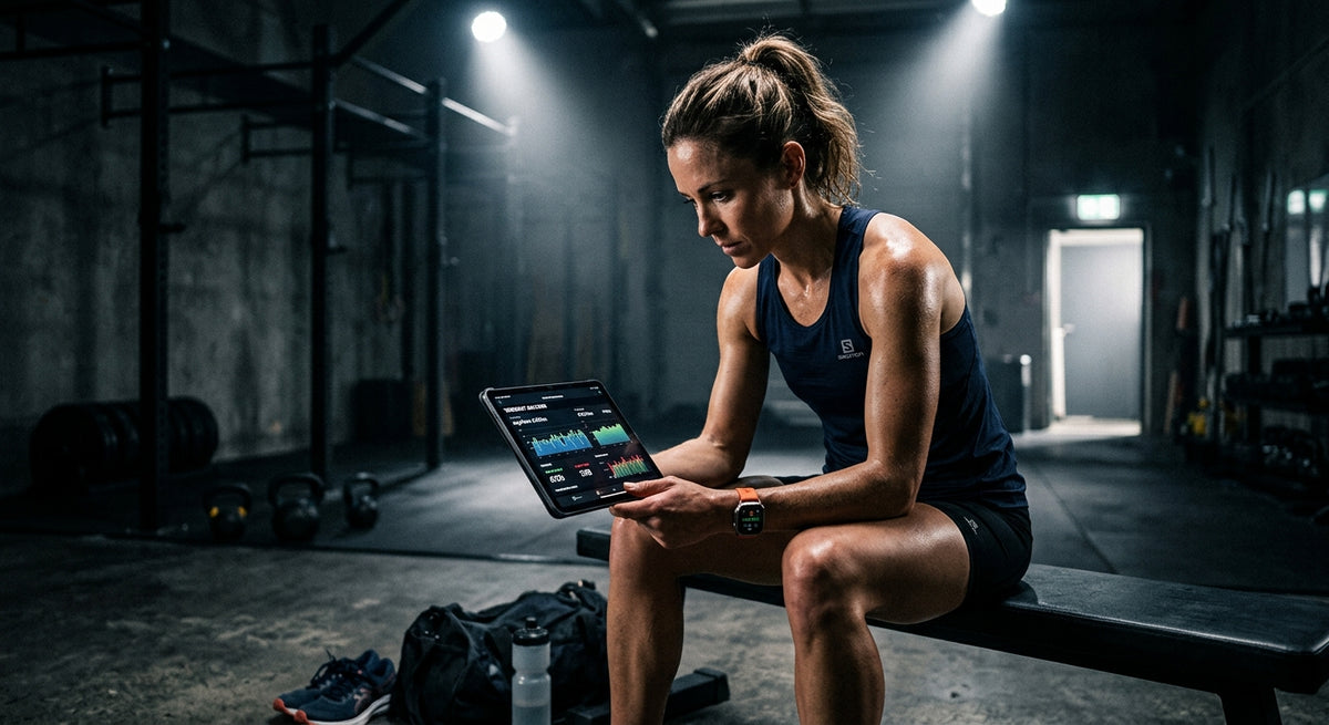 A professional endurance athlete in a dark, high-contrast room checking a digital tablet with a focused expression, bathed in dramatic stadium lighting.