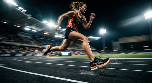 ASICS Gel-Nimbus 28 FP Movement shown in a high-speed motion blur shot on a dark athletic track with dramatic stadium lighting.