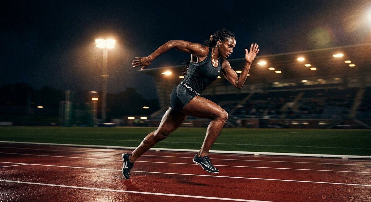 Professional athlete sprinting on a dark, moody track with dramatic stadium lighting and motion blur