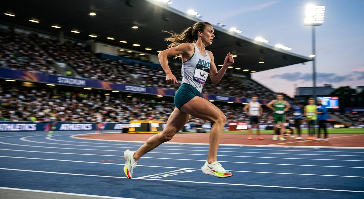 A high-speed action shot of a professional runner wearing the Nike Vaporfly NEXT%4, captured with motion blur in a stadium setting.