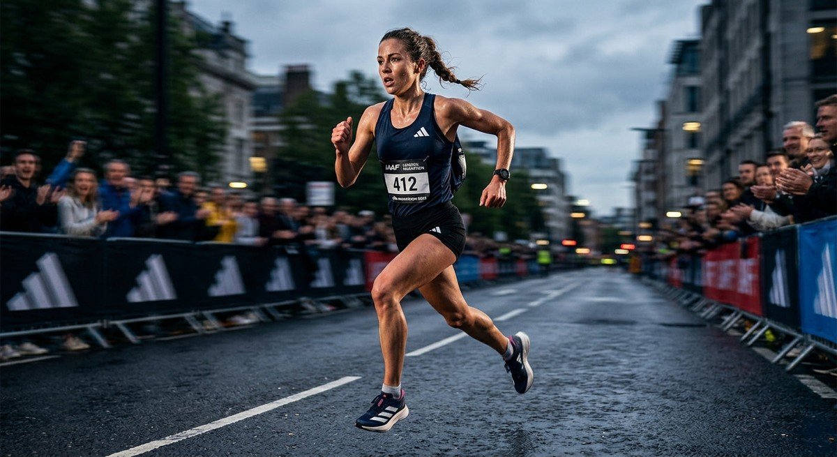 A professional marathon runner in mid-stride, captured with high-speed cinematic lighting, featuring intense focus and dramatic motion blur.