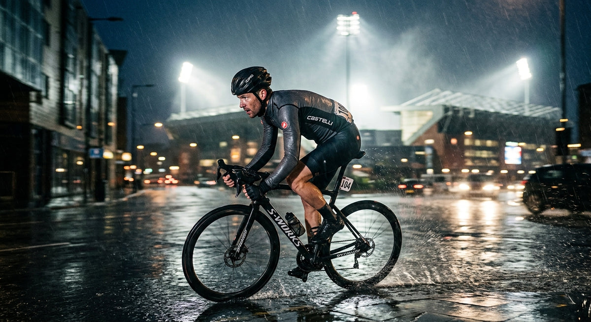 A professional cyclist in a sleek Castelli Gabba 2 jersey riding through a rainy, moody urban landscape with cinematic stadium lighting and high-speed motion blur.
