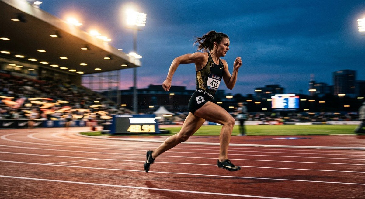 A professional runner sprinting on a professional athletics track at dusk, captured with high-speed motion blur and cinematic stadium lighting.