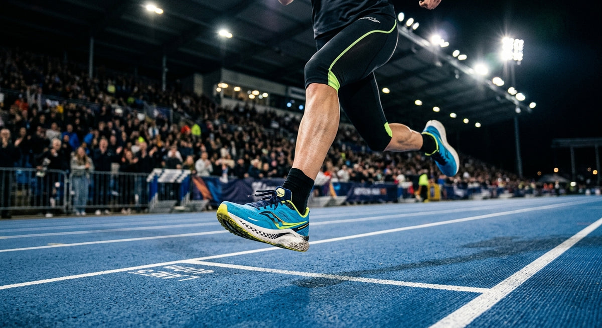 A professional action shot of a runner's feet mid-stride on a synthetic track, featuring the Saucony Endorphin Speed 4 with motion blur and dramatic stadium lighting.