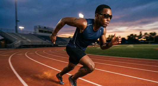 A professional athlete wearing the sleek Maui Jim Haulani sunglasses during a high-speed sprint on a track at dusk.
