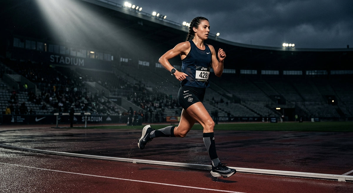 A professional endurance runner in a dark, moody stadium wearing high-performance technical running gear while training under intense dramatic lighting.