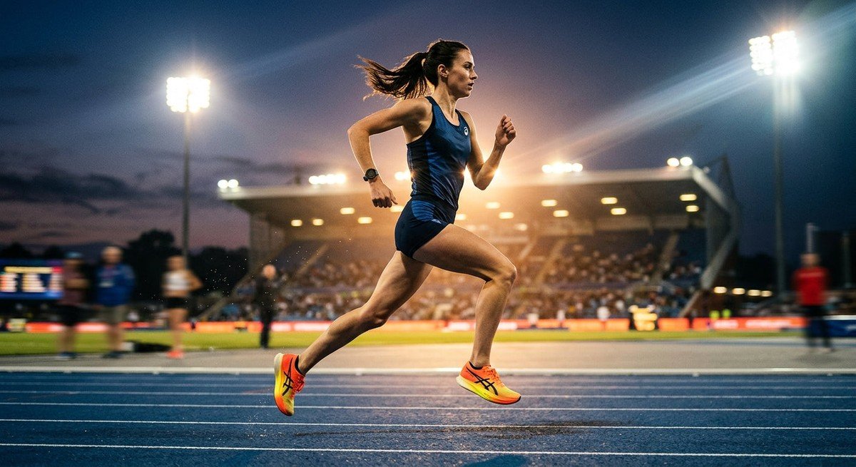 High-speed action shot of a runner wearing prototype ASICS shoes on a track with cinematic stadium lighting.