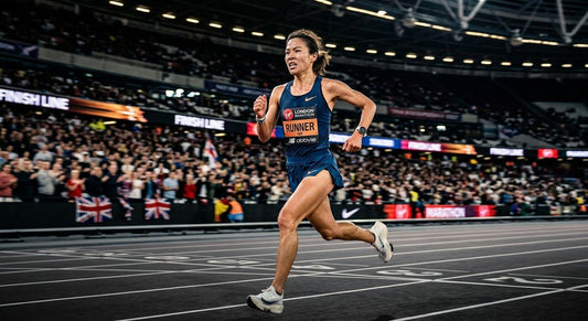 A marathon runner in mid-stride with intense focus, captured in high-speed photography with dramatic stadium lighting and motion blur.