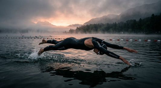 A professional triathlete in a sleek black wetsuit diving into a misty lake during an early morning race with cinematic lighting.