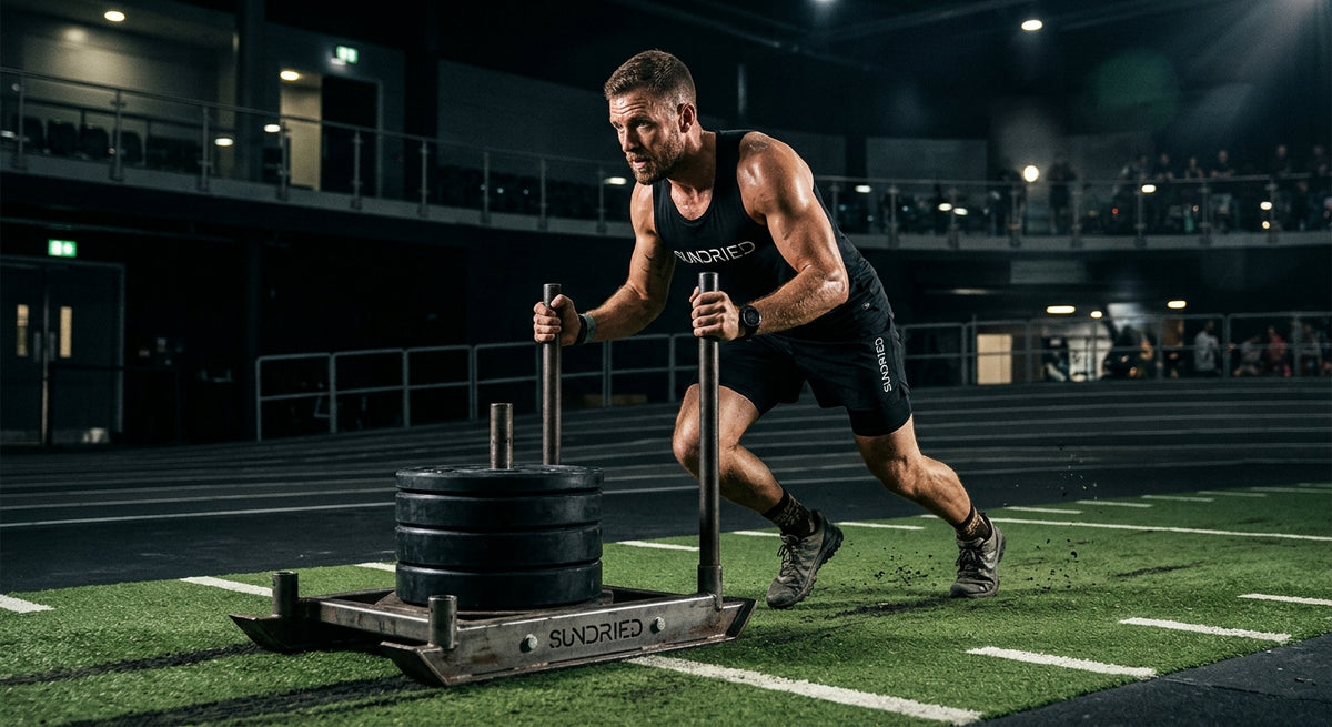 Male hybrid athlete in Sundried running apparel pushing a heavy sled on gym turf, captured in professional high-speed action photography with moody cinematic stadium lighting and sharp fine details.