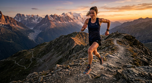Professional action shot of an athlete sprinting up a rocky mountain ridge at dusk with cinematic lighting.
