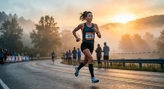 A professional marathon runner in mid-stride during a misty sunrise, captured with high-speed cinematic lighting.
