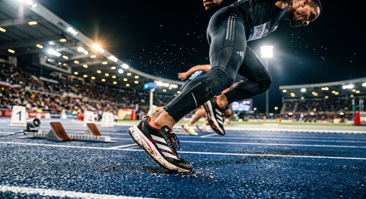 A close-up, high-speed action shot of the Adidas EVO SL EXO on a track, featuring dramatic stadium lighting and motion blur.