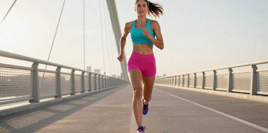 A female runner in colourful modern gear and thick-soled trainers sprinting across a city bridge during a bright sunrise.