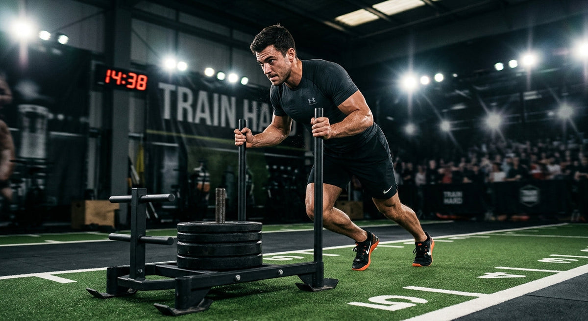 Professional high-speed action shot of a male athlete pushing a heavy sled on indoor gym turf with dramatic stadium lighting