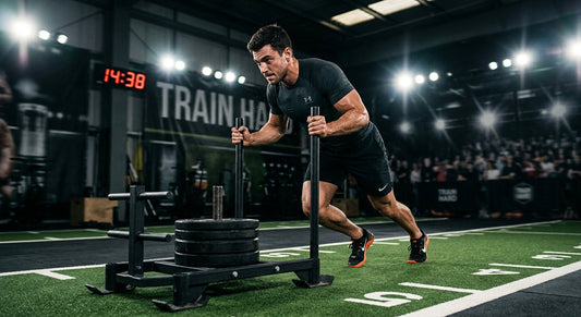 Professional high-speed action shot of a male athlete pushing a heavy sled on indoor gym turf with dramatic stadium lighting