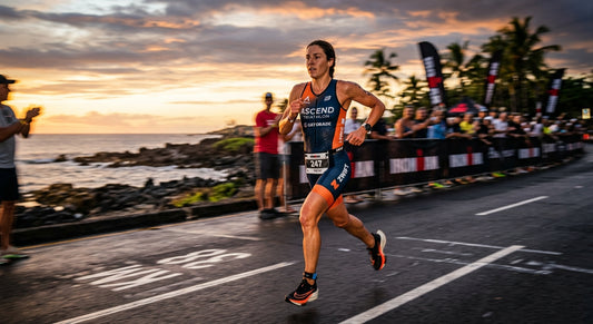 A professional triathlete in mid-stride during a sunset race, captured with dramatic motion blur and sharp cinematic lighting.