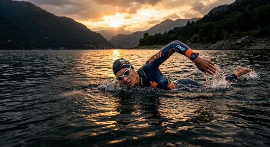 A triathlete performing a perfect front crawl stroke in a moody, dark lake with cinematic golden hour light reflecting off the water surface.