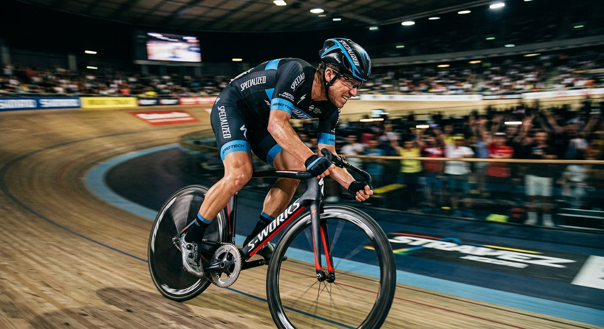 A professional cyclist in a high-speed sprint, captured with motion blur and sharp cinematic stadium lighting.