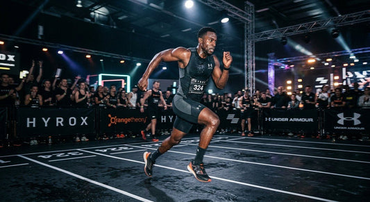 A professional athlete captured in mid-sprint during a Hyrox race, featuring intense, moody stadium lighting and realistic motion blur, highlighting raw athletic determination.