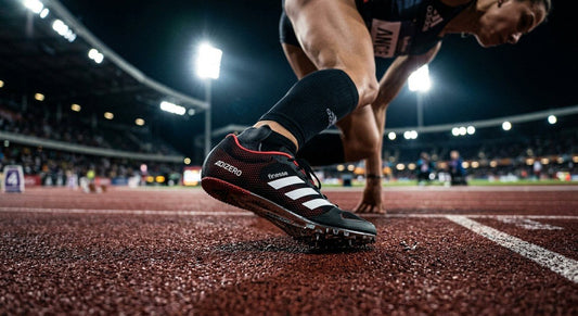 A close-up shot of the Adidas Adizero Finesse sprint spike on a professional synthetic track under dramatic stadium lighting.